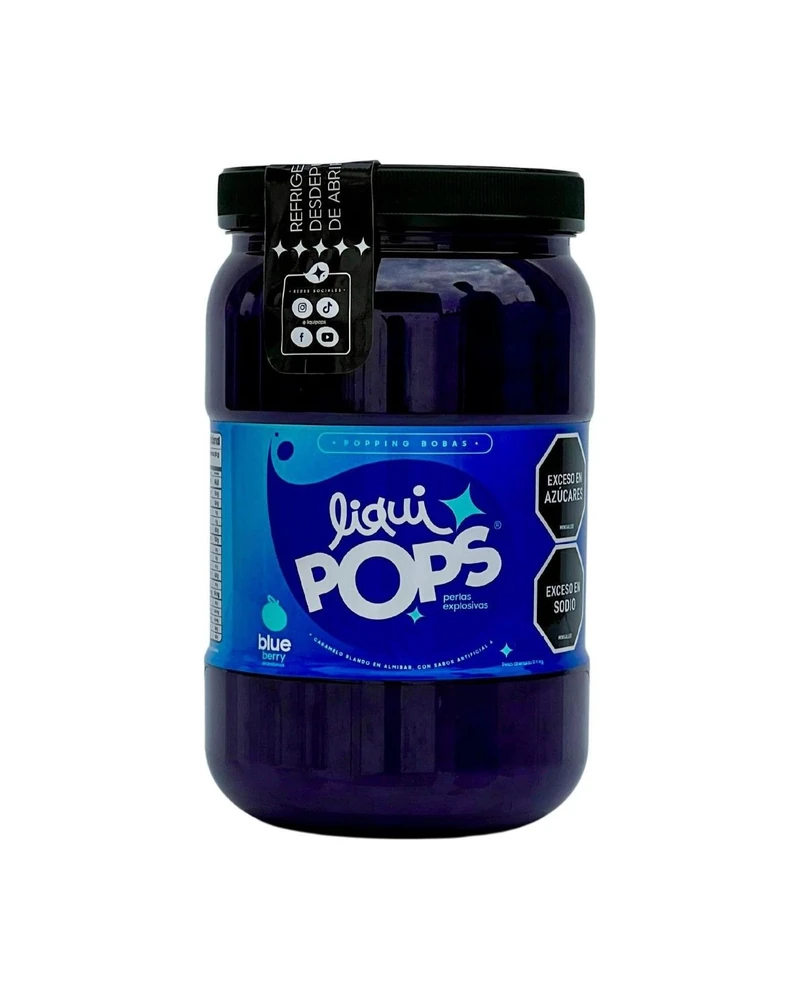 Tarro LiquiPops Blueberry 1150g — perlas explosivas en almíbar, fondo blanco